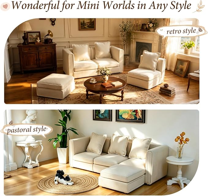iLAND Dollhouse Furniture Sectional Dollhouse Couch Set White Velvet Sofa - Image 5