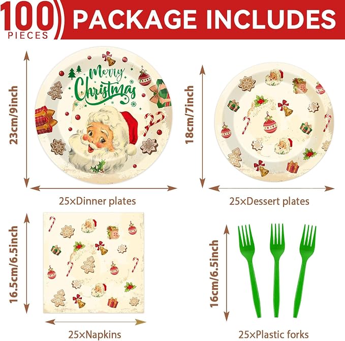 Qyeahkj 100 Pcs Christmas Xmas Party Paper Plates and Napkins, Vintage Holiday - Image 2