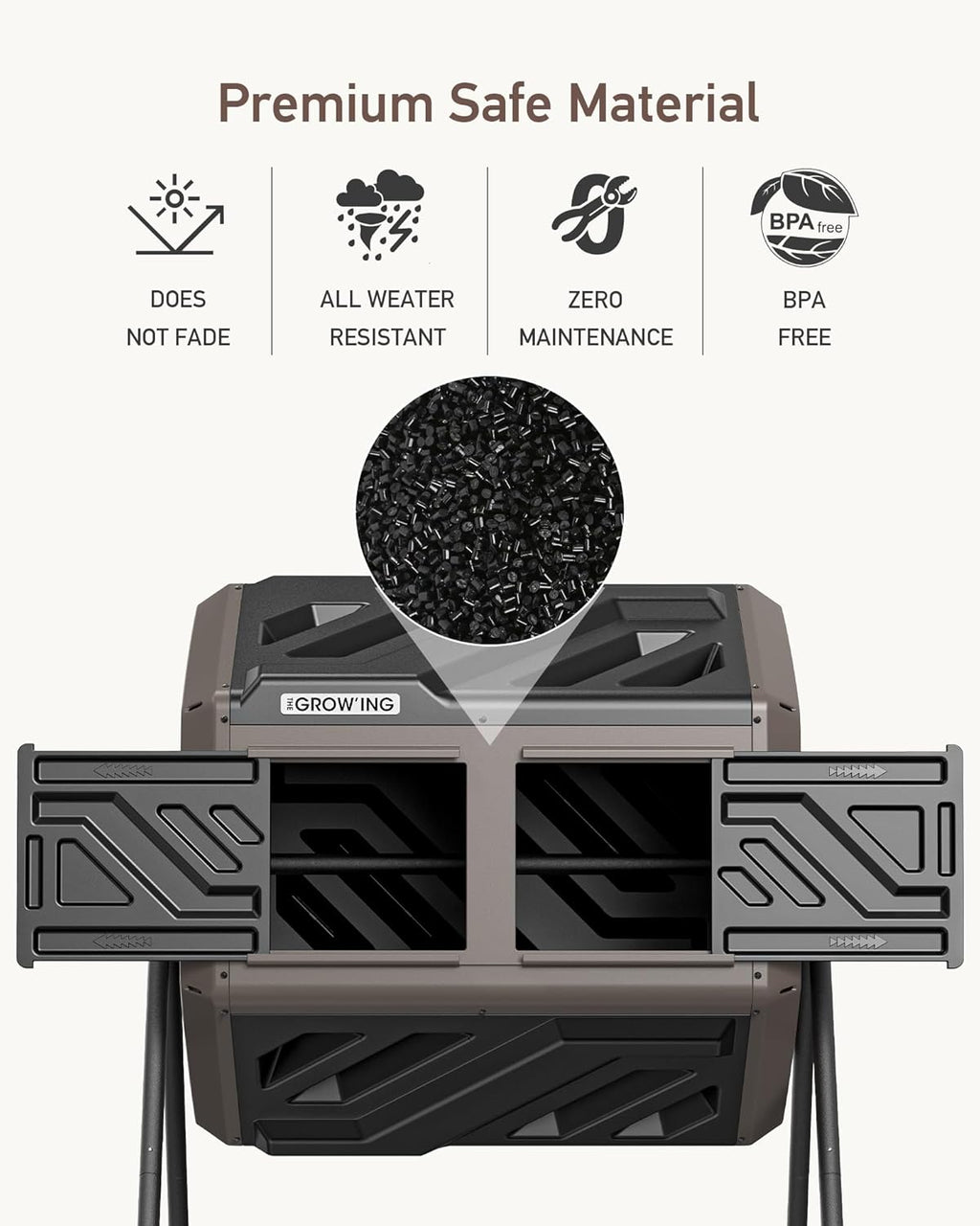 THEGROW'ING Updated 43 Gallon Compost Bin Outdoor, Fast Assemble Tumbling Composter, Dual Chamber Composter Tumbler, Rotating Compost Bin for Outside, Backyard, Garden and Yard, Coffee