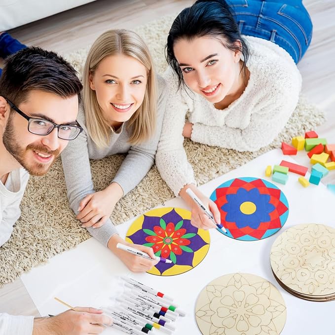 Vercraft 22 Pcs Wooden Mandala Painting Set 10 Mandala Unfinished Wood Cutouts - Image 6