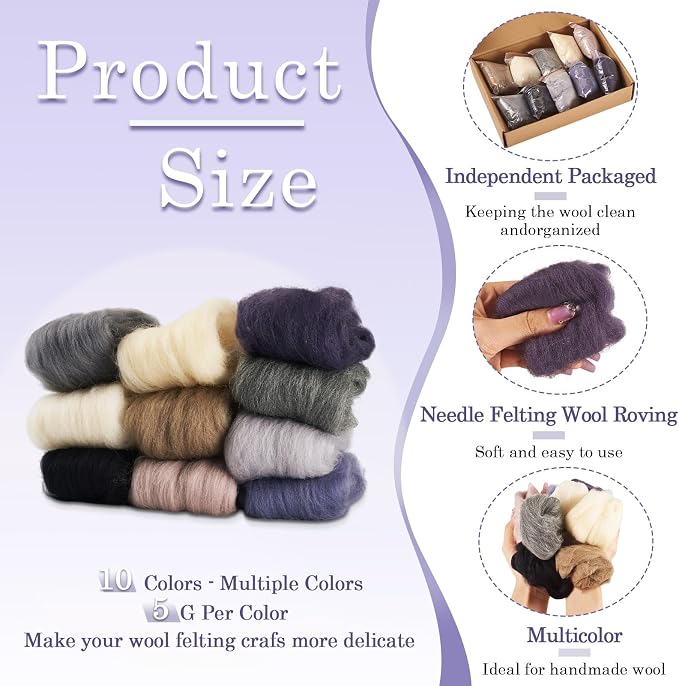 FASHEWELRY 1.76 oz Wool Roving for Needle Felting Kit 10 Colors Felting Wool - Image 2