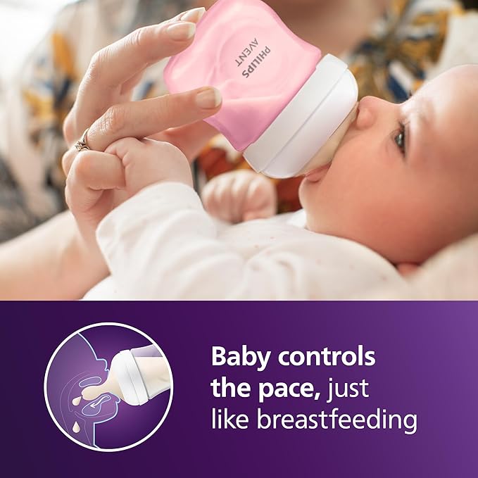 Philips Avent Natural Baby Bottles with Natural Response Nipples (Slow Flow, Flow 2), 4oz, Pink, 4-Pack, SCY900/14