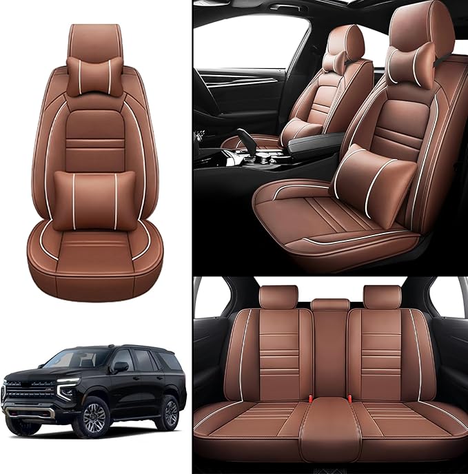 Car Seat Covers for Tahoe 1995-2025 | 5-Seats Seat Covers, Waterproof Seat Protectors, Automotive Seat Covers (Full Set with Pillow,Coffee)
