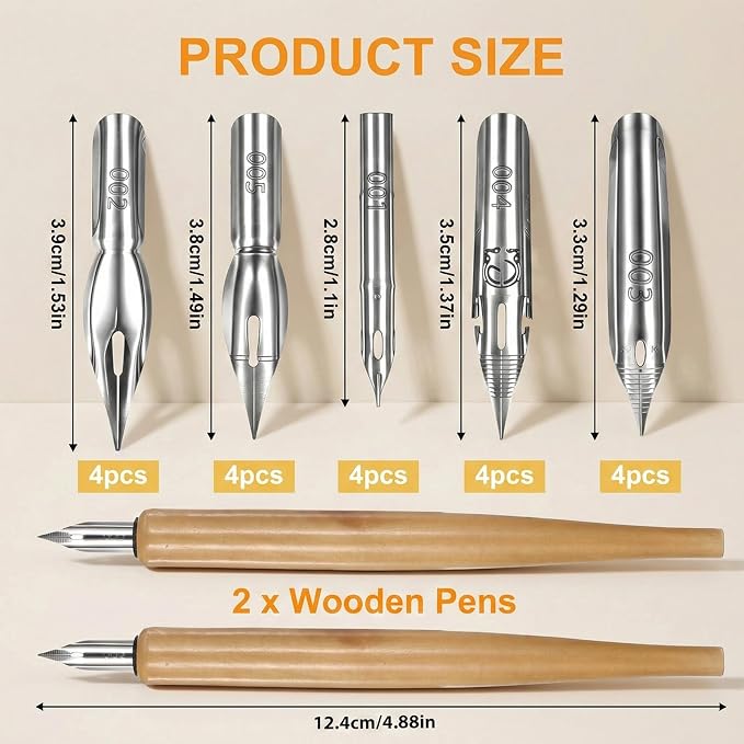 2 Pack Dip Pen Set, Oblique Calligraphy Pen Nib Set, Wooden Calligraphy Drawing - Image 2