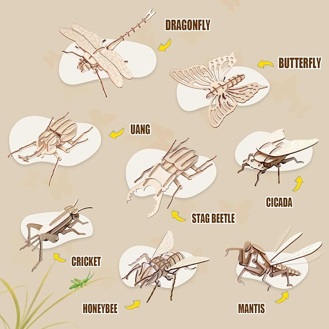 ELX Wooden 3D Puzzles for Kids 6+, 8 Piece Set Insect Animal Models, Wood - Image 5