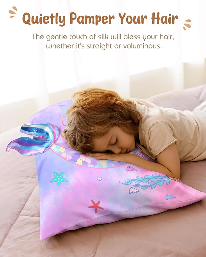 Toddler Pillowcases 13"x18" for Kids - Cute Cartoon Soft Breathable Silk Pillow Cases for Hair and Skin with Hidden Zipper for Girls Fun Kawaii Design for Bedding, Fish Tail