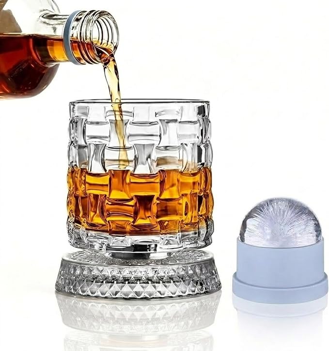 Rotating Whiskey Glass with Large Ice Ball Mold, Single Spinning Crystal by UNOD