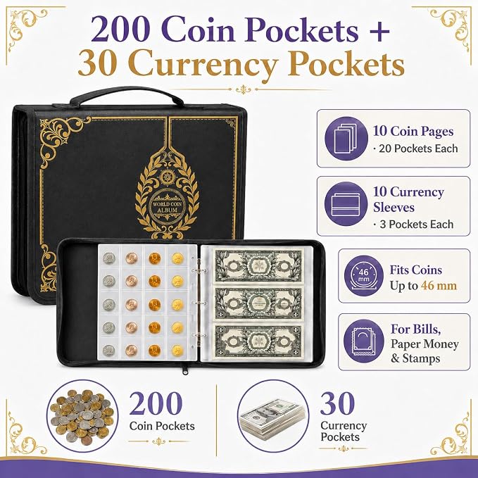 Coin Collection Book Holder for Collectors, 200 Pockets Collecting Album& 30 - Image 2