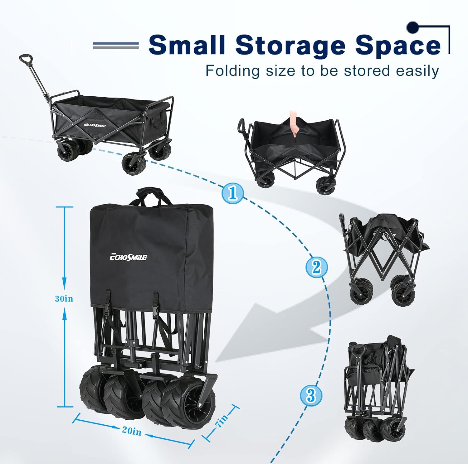 EchoSmile Heavy Duty 350 Lbs Capacity Collapsible Wagon, Outdoor Folding Camping Wagons, Grocery Portable Utility Cart, Adjustable Rolling Carts, All Terrain Sports Wagon with Big Wheels by Boahaus
