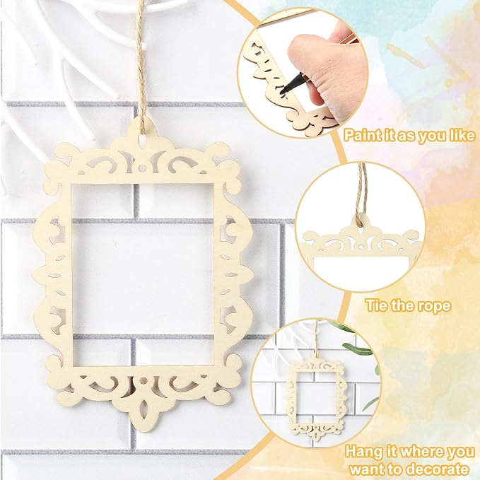 12 pcs 6 Styles Hollow Theme Undyed Wooden Photo Frames Laser Cut Oval Square - Image 3