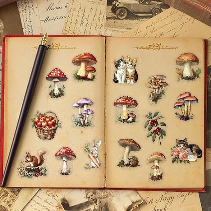 YOKSAS 50PCS Vintage Nature Mushroom Clear Scrapbook Stickers – Retro Botanical - Image 7