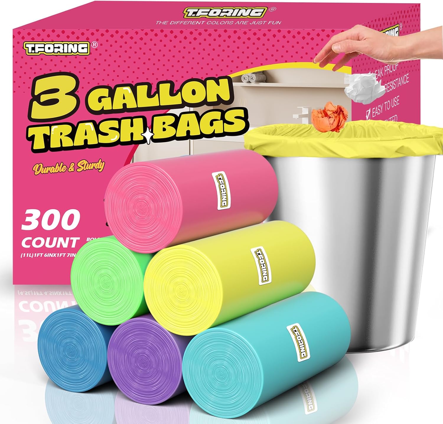 300 Count 3 Gallon Trash Bags - 12 Liter Colored Small Garbage Bags Unscented Wastebasket Liners Heavy Duty & Leakproof Mini Can Liners for Bathroom Toilet Home Office