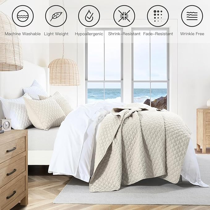 HORIMOTE HOME Quilt Set Twin Size Beige Bedspread, Modern Style Quilted Clouds - Image 4