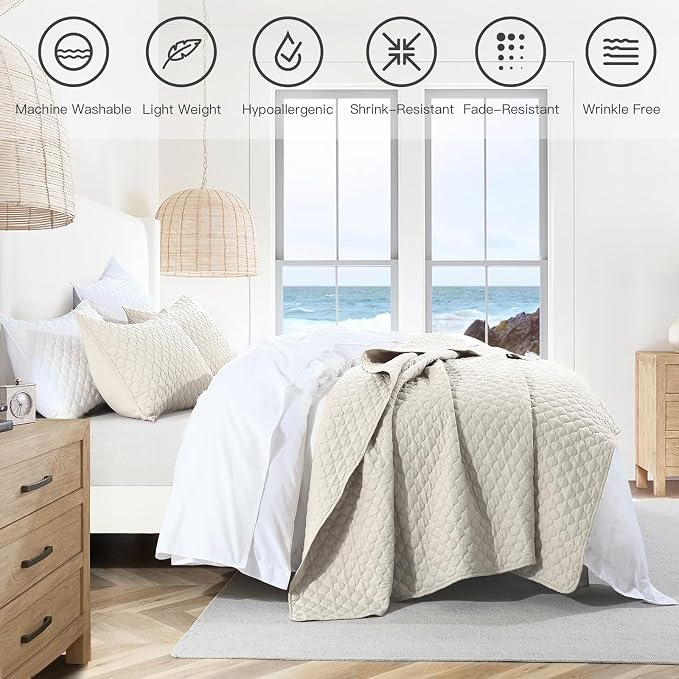HORIMOTE HOME Quilt Set Queen Size Beige Bedspread, Modern Style Quilted Clouds - Image 3