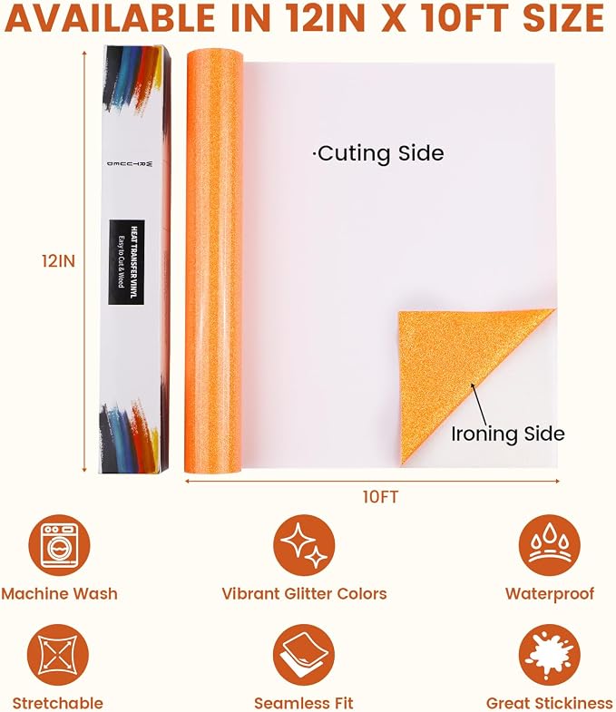Orange Glitter HTV Heat Transfer Vinyl - Image 5