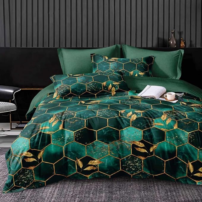 Nanko Emerald Dark Green Gold Printed Queen Size Comforter Set 3 Pcs by NANKO