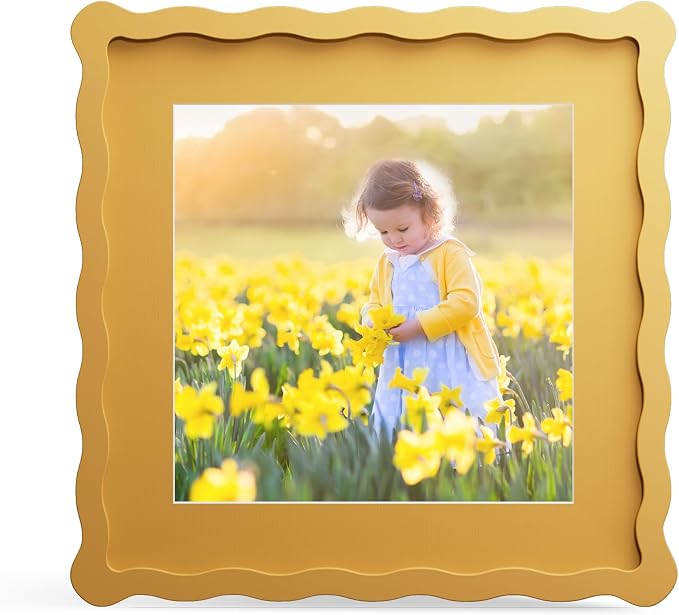 10x10 Picture Frame with Mat for 8x8, Wavy Edge Wooden Real Glass Photo Frame by THKRLOF