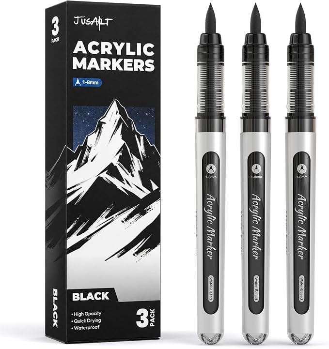 JusArt 3 Black Acrylic Paint Markers Brush Tip, Water-Based No-Bleed Markers by JusArt%7CCreativeArtSupplies