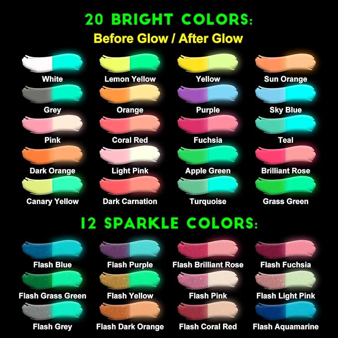 FansArriche Glow in the Dark Fabric Paint, 32 Colors x 20 ml Neon Paint | - Image 2