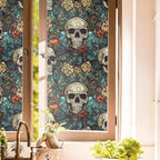 Blue Grey Red Skull Floral Stained Glass Window Films Decorative Double-Side by Unknown