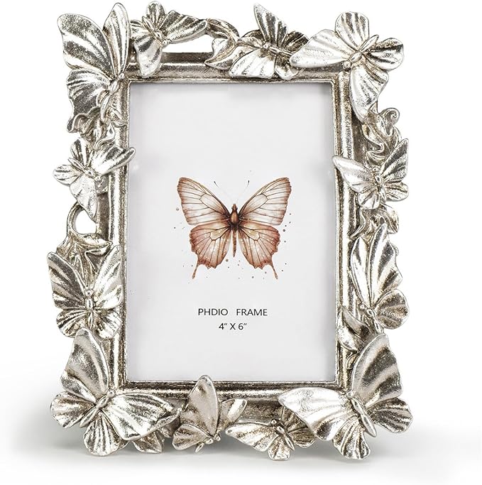4x6 Silver Picture Frame, Butterfly Photo Frame, Vintage Elegant Decor | Fits by Cuspin