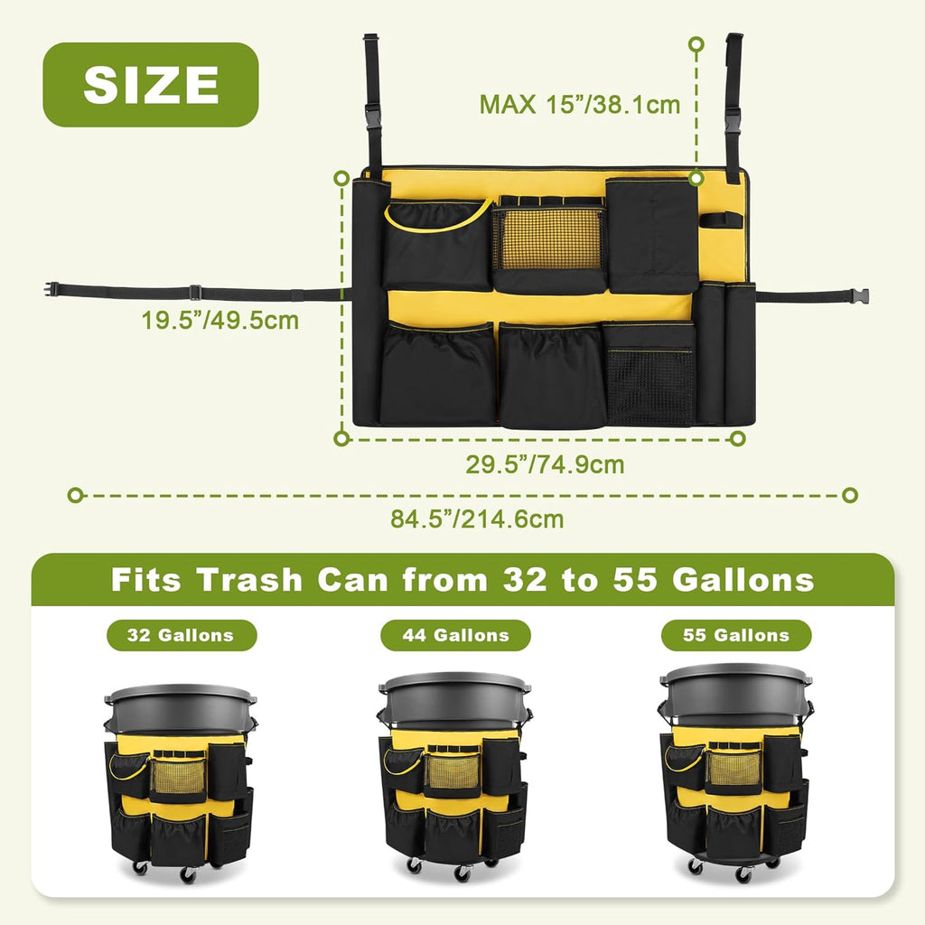 32-55 Gallon Trash Can Caddy Bag, Garbage Bin Apron Caddy with Multiple Pockets for Cleaning Supplies, Cleaning Tool Organizer with Adjustable Buckle for Janitorial Trash Can, Black+Yellow