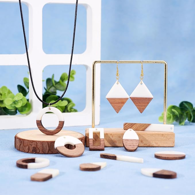 FASHEWELRY 20Pcs Resin & Wood Pendants 10 Styles Rectangle Teardrop Rhombus - Image 2