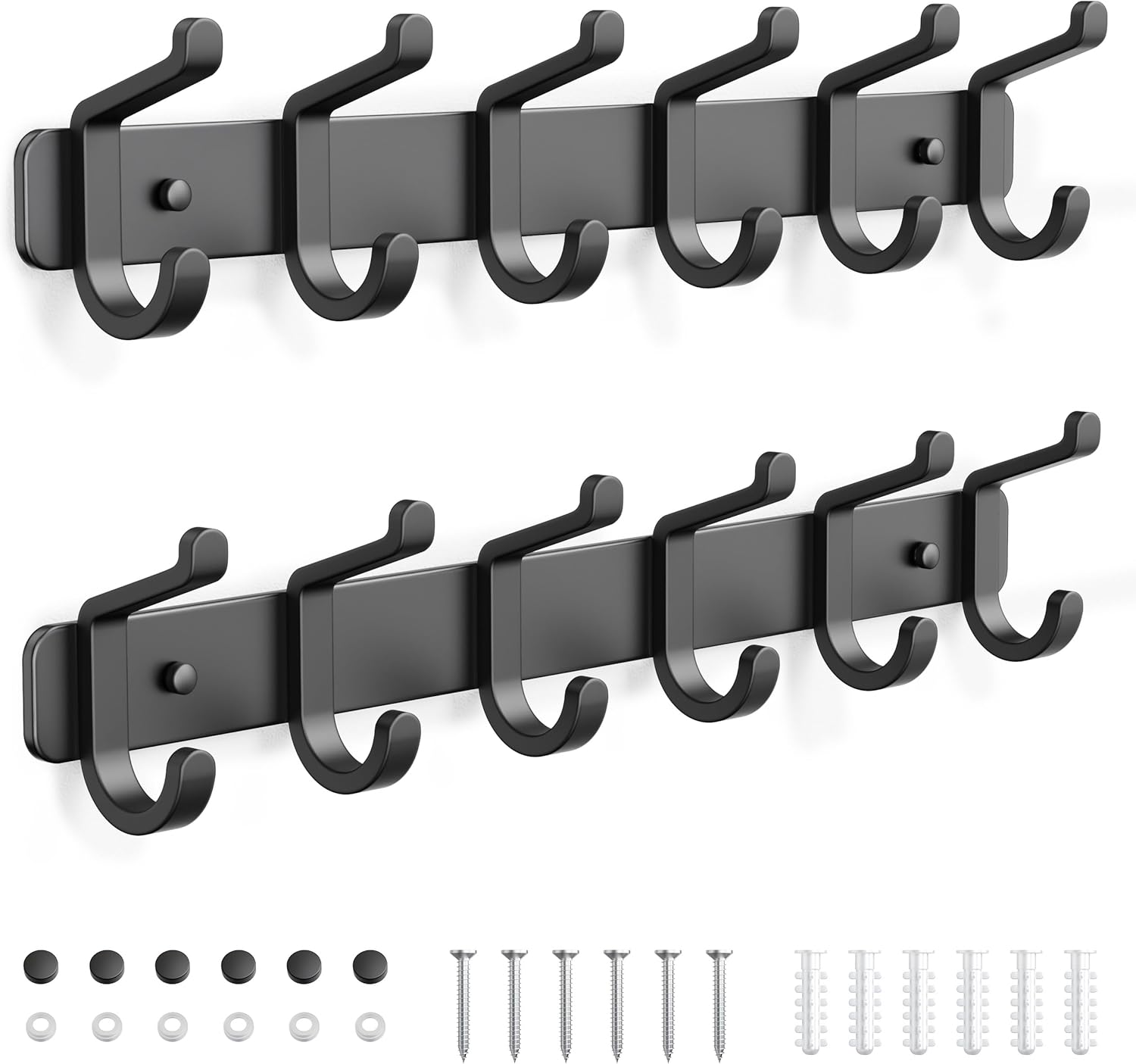 Coat Rack Wall Mounted Heavy-Duty: Metal Coat Hanger 6 Hooks for Hanging Hat, Clothes, Robe, Keys, Backpack, Bathroom Towels, Jacket, Purse - Closet, Door, Entryway, Mudroom (Black, 2 Pack)