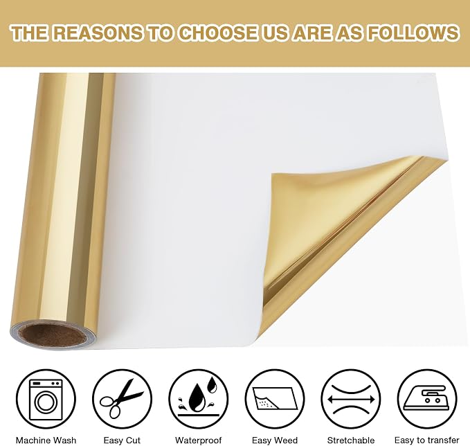 TORC Metallic HTV Heat Transfer Vinyl Roll 12" X 10FT Gold Iron on Vinyl - Image 3