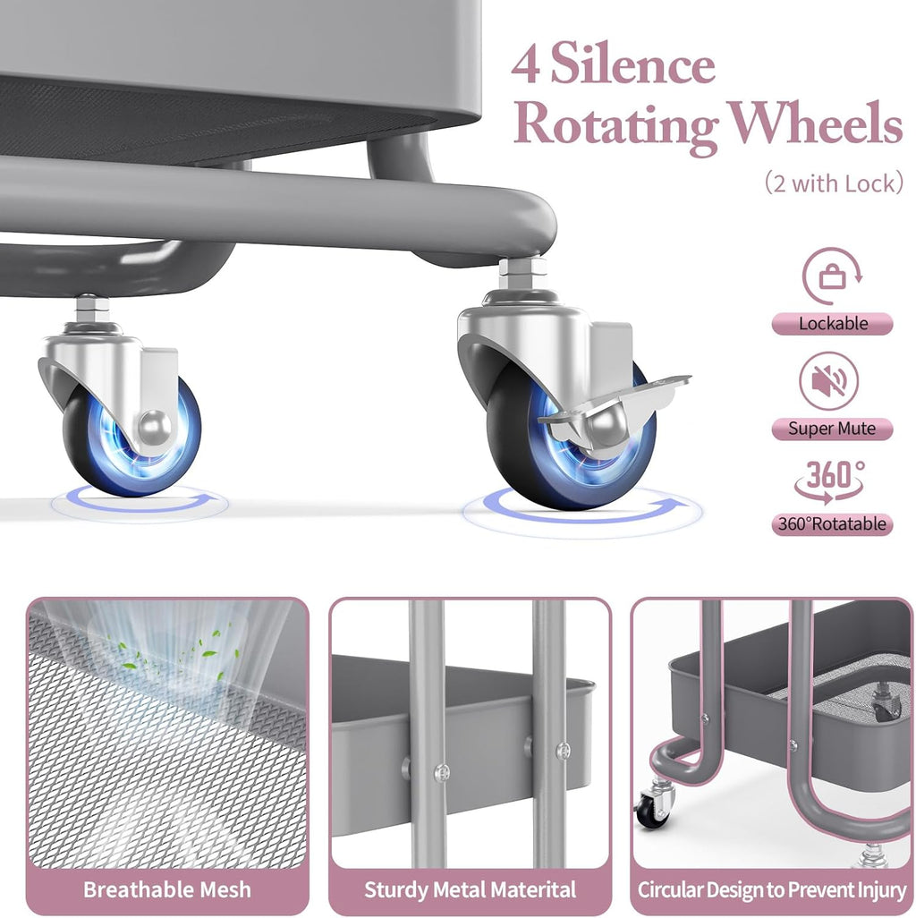 KINGRACK 3 Tier Metal Rolling Cart, Kitchen Organizers and Storage, Slim Storage Cart on Wheels, Laundry Room Organization, Diaper Cart Shelving Unit for Bathroom, Office, Bedroom, Grey