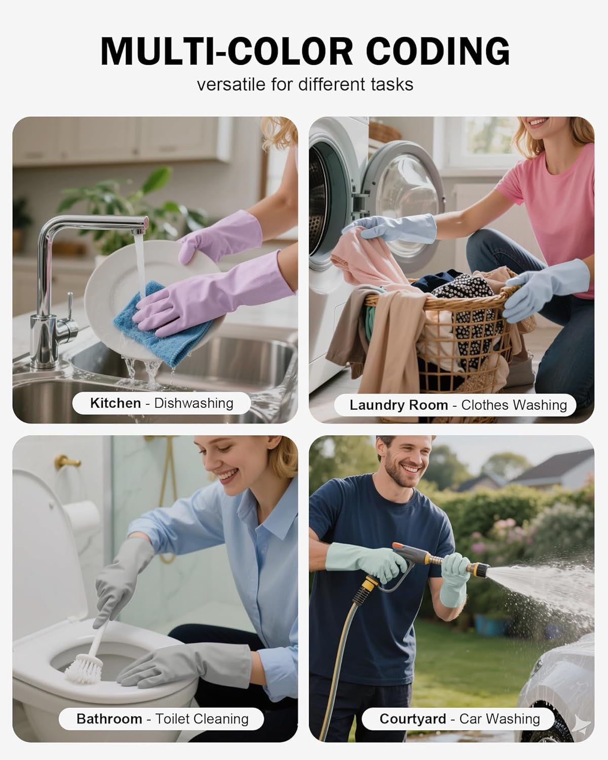 Rubber Cleaning Dishwashing Gloves 4 Pairs Reusable Kitchen Glove for Washing Dishes & Household Bathroom Cleaning Dish Gloves with Flock Lining Anti-Slip Grip Waterproof Thick Long-lasting Colorful S