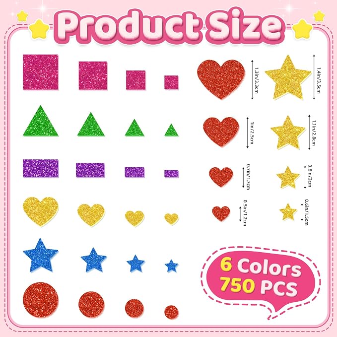 750Pcs Foam Stickers, Colorful Foam Shape Stickers Self Adhesive Star Heart - Image 2