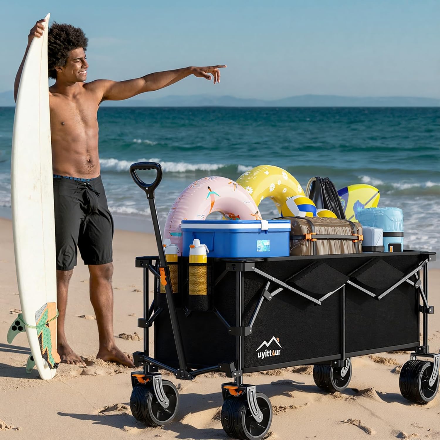 300L Extra Large Collapsible Foldable Wagon, 440lbs Load Capacity 48''L Extended Heavy Duty Folding Beach Wagon with Big All-Terrain Wheels, Utility Garden Cart for Outdoor Activities, Black