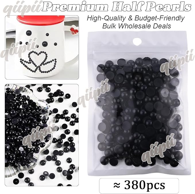 qiipii 380PCS 8mm Pure Black Round Half Round Pearls - Image 2