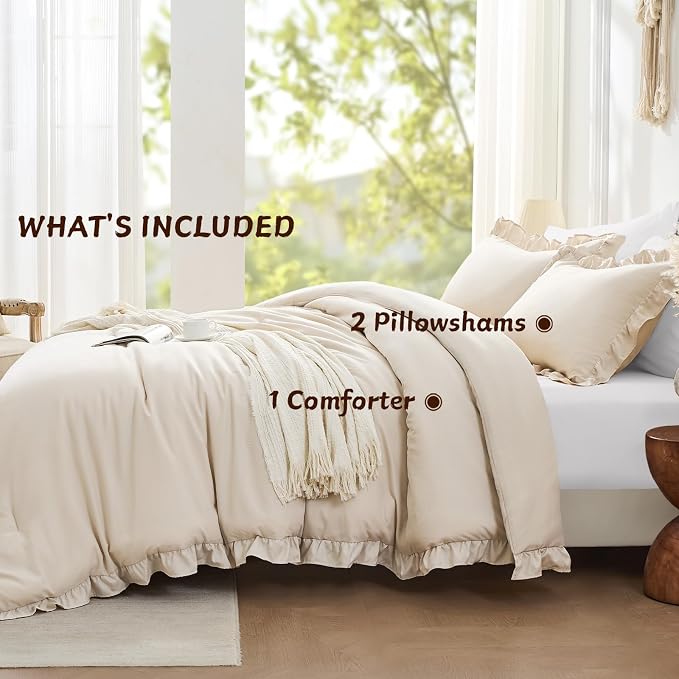 FUANNA Queen Comforter Set Beige 3 Pieces, Ruffle Shabby Chic Queen Bed Set - Image 5