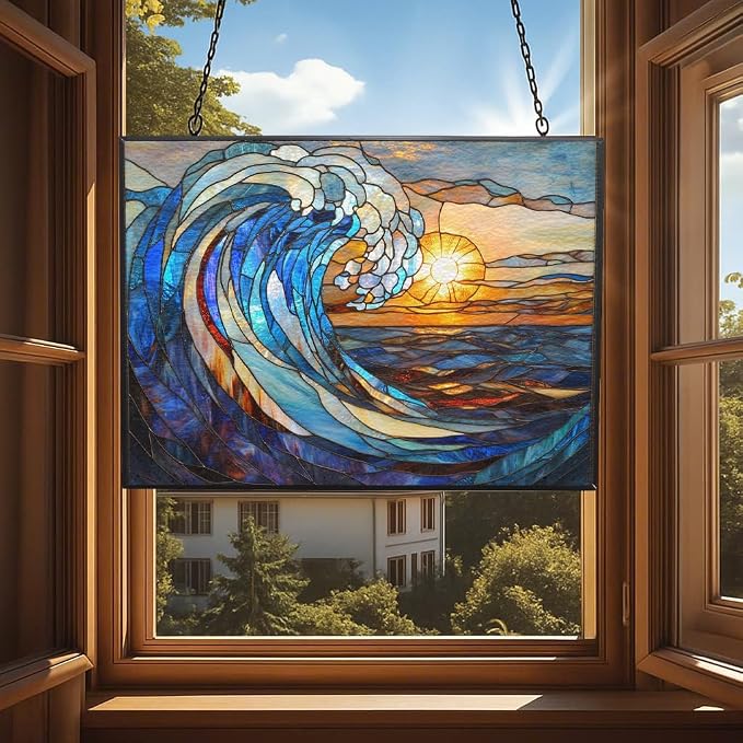 Rectangle Art Nouveau Spiral Great Wave Stained Glass Window Hanging, - Image 4