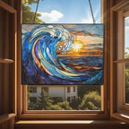 Rectangle Art Nouveau Spiral Great Wave Stained Glass Window Hanging, - Image 4