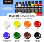Nicpro 8 Primary Colors Acrylic Paint Set, Rich Pigment, Non Toxic Craft Paint - Image 2