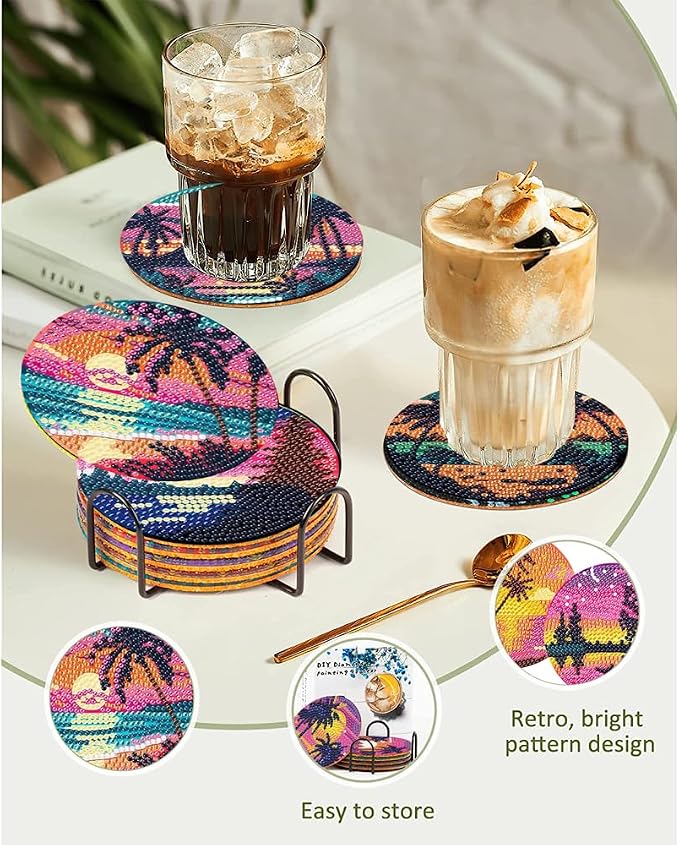 Clendo 8Pcs Diamond Painting Coasters Kits, DIY Landscape Diamond Art Coaster - Image 3