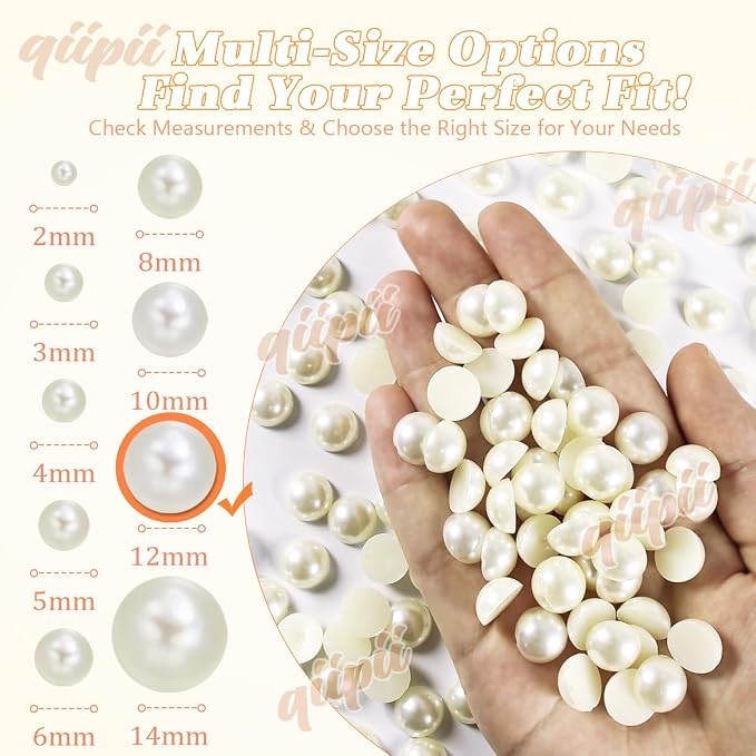 qiipii 110PCS 12mm Beige White Round Half Round Pearls - Image 3