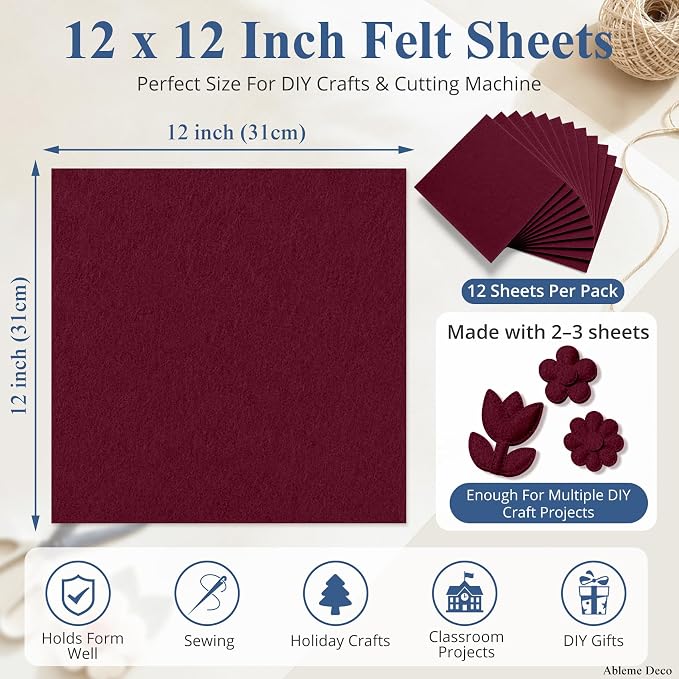 12" x 12" Felt Sheets for Crafts, 2mm Stiff Felt Fabric, Burgundy | 2mm Thick - Image 3