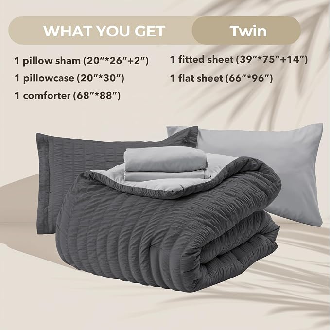 HYMOKEGE Dark Grey/Light Grey Twin Comforter Set Seersucker 5 Pieces, All - Image 5