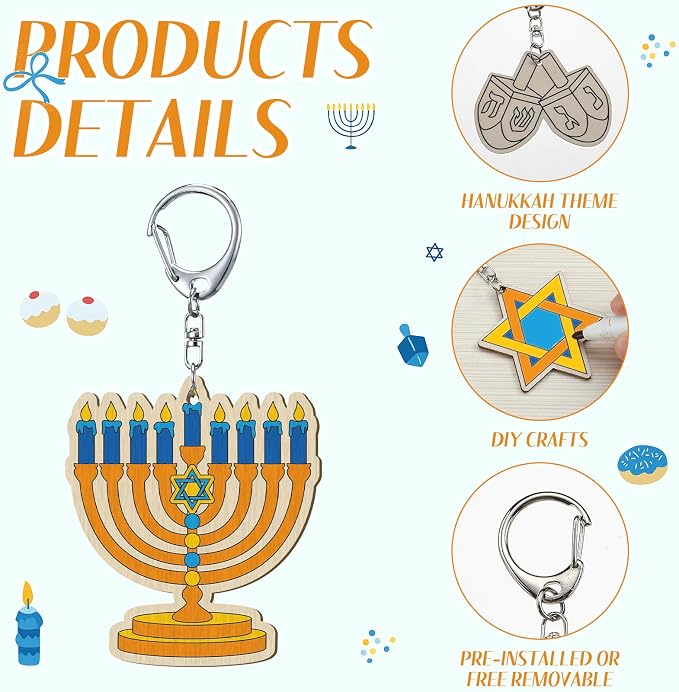 RattanView 24 Pcs Hanukkah Craft Color Your Own Keychains DIY Craft Wooden - Image 3
