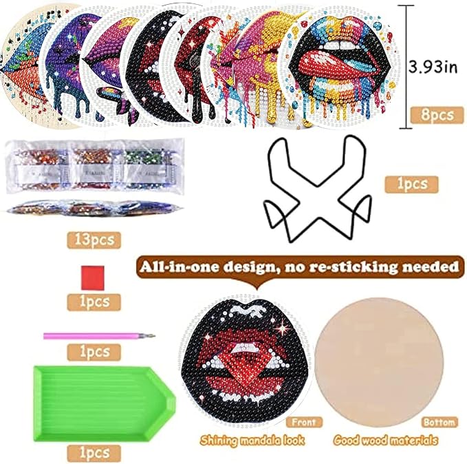 8 Pack Diamond Art Coasters, Sexy lips Diamond Painting Coasters Kits | Lips - Image 2