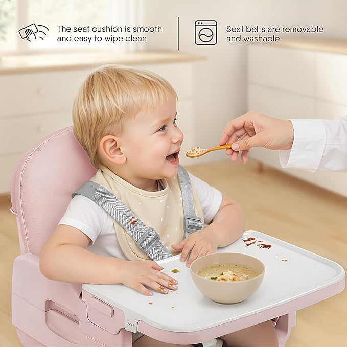 3-in-1 Portable Baby High Chair for Babies and Toddlers, Convertible Easy Clean Infant Foldable Highchair with Adjustable Legs & Dishwasher Safe Tray, Pink