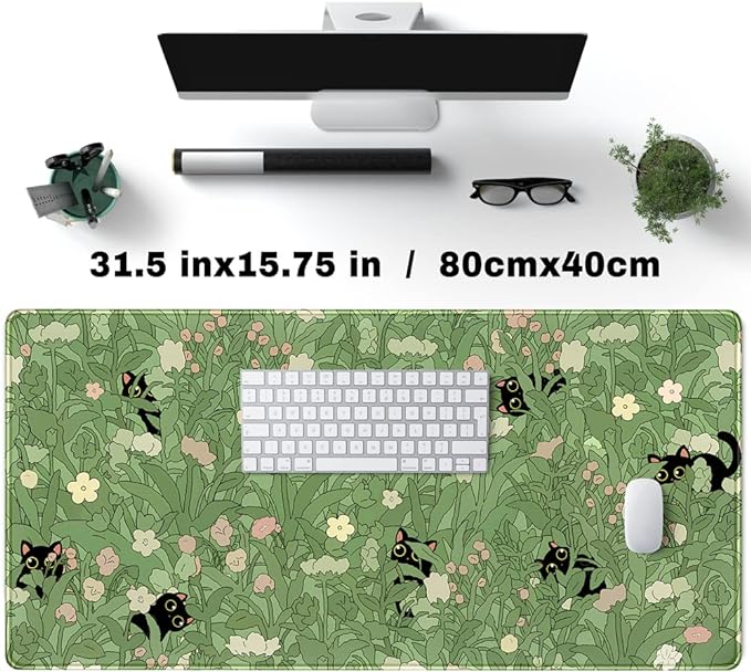 Green Desk Mat XL Cat Cute Plant Cool Desk Pad Keyboard Mat Kawaii Black Cat - Image 2