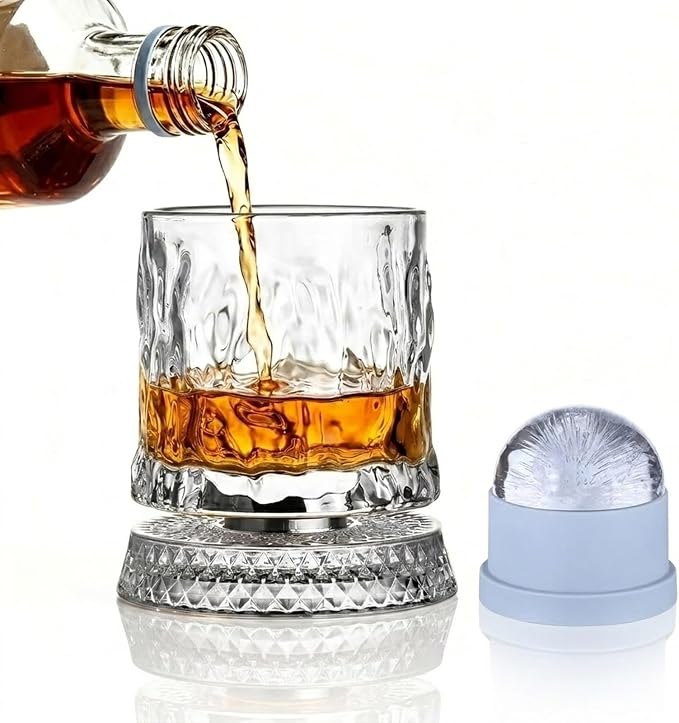 Rotating Whiskey Glass with Large Ice Ball Mold, Single Spinning Crystal by UNOD