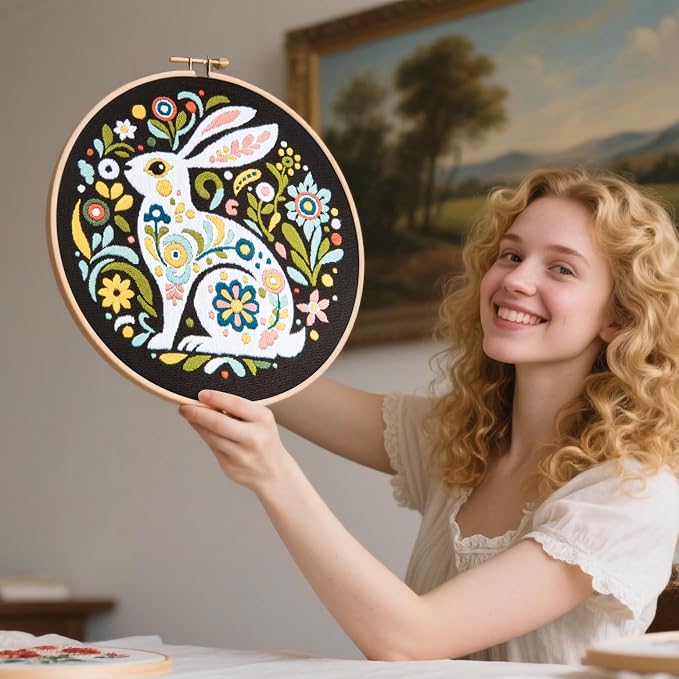 Crafmanoe Embroidery Kits for Beginners Adults, Flowers Rabbit Embroidery - Image 7