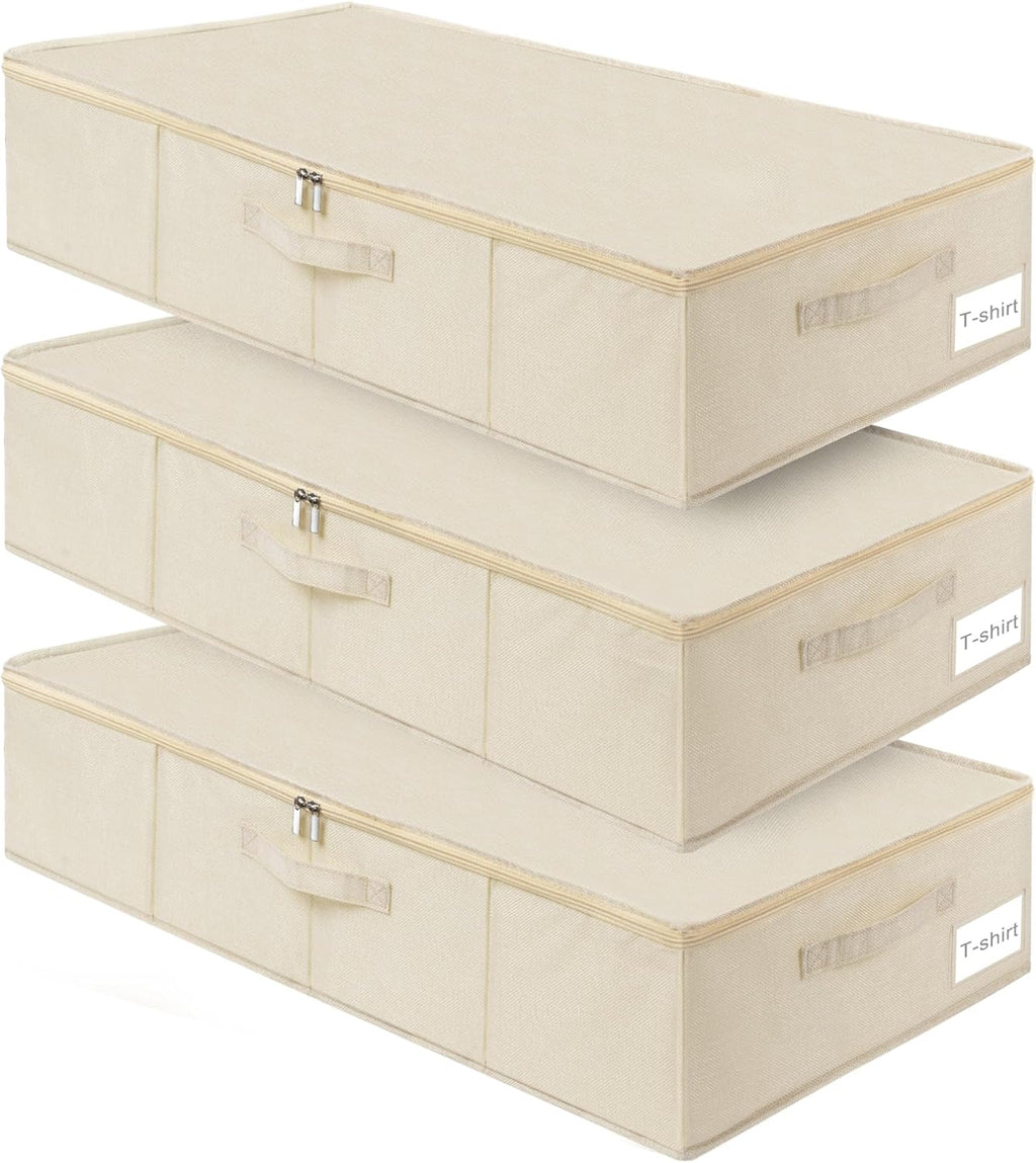 punemi Underbed Storage, 3 Pack Clothing Storage Bags W/Sturdy Handles, Large Capacity Underbed Shoe Container Organizer, Dorm Essentials Bins for Blankets, Pillows, Comforters & Quilts, Beige, 50L