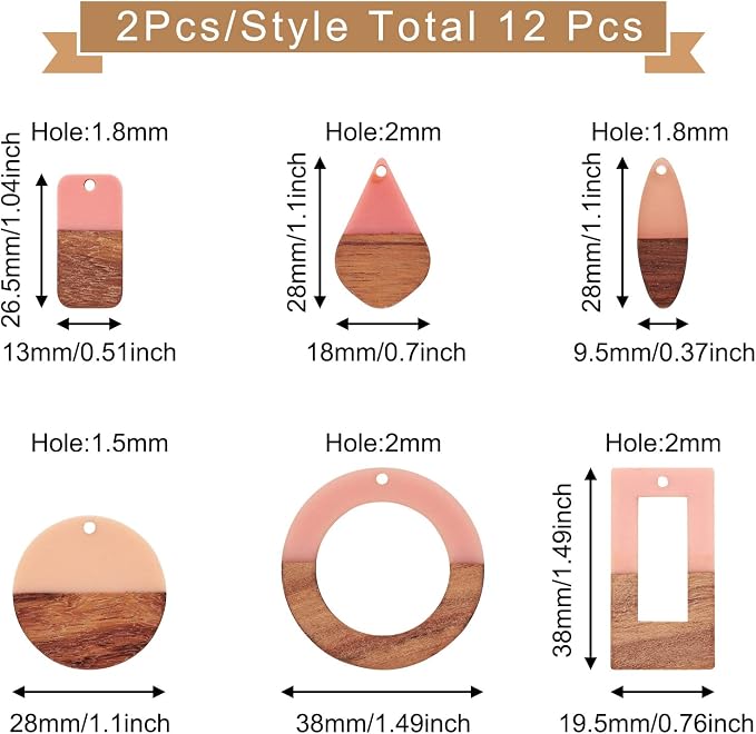 FASHEWELRY 12Pcs Resin & Wood Pendants Two Tone Flat Round/Ring/Rectangle/Horse - Image 5